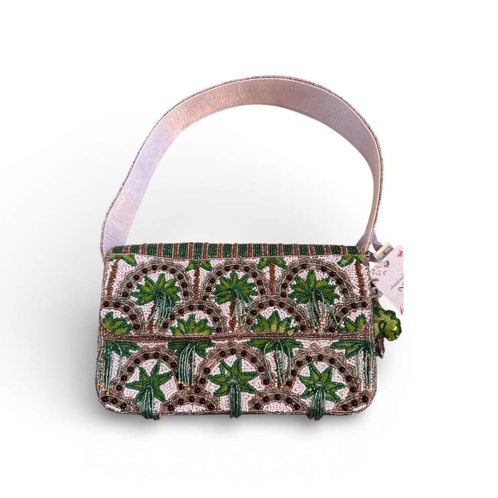 Elegant Green and Cream Beaded Palm Women's Bag